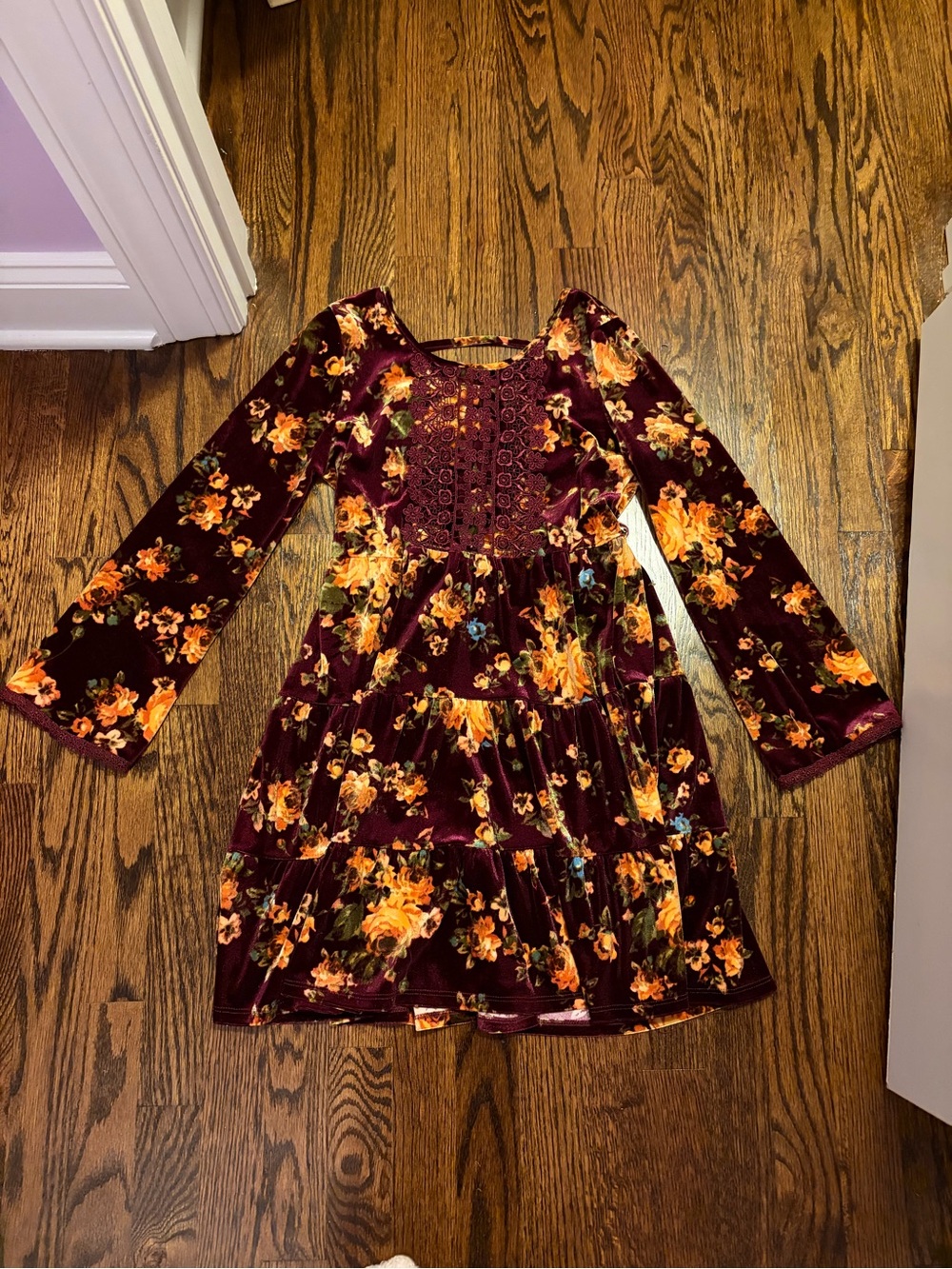 Girls Size 12 Fall Burgundy Floral Velvet Dress with Lace Details